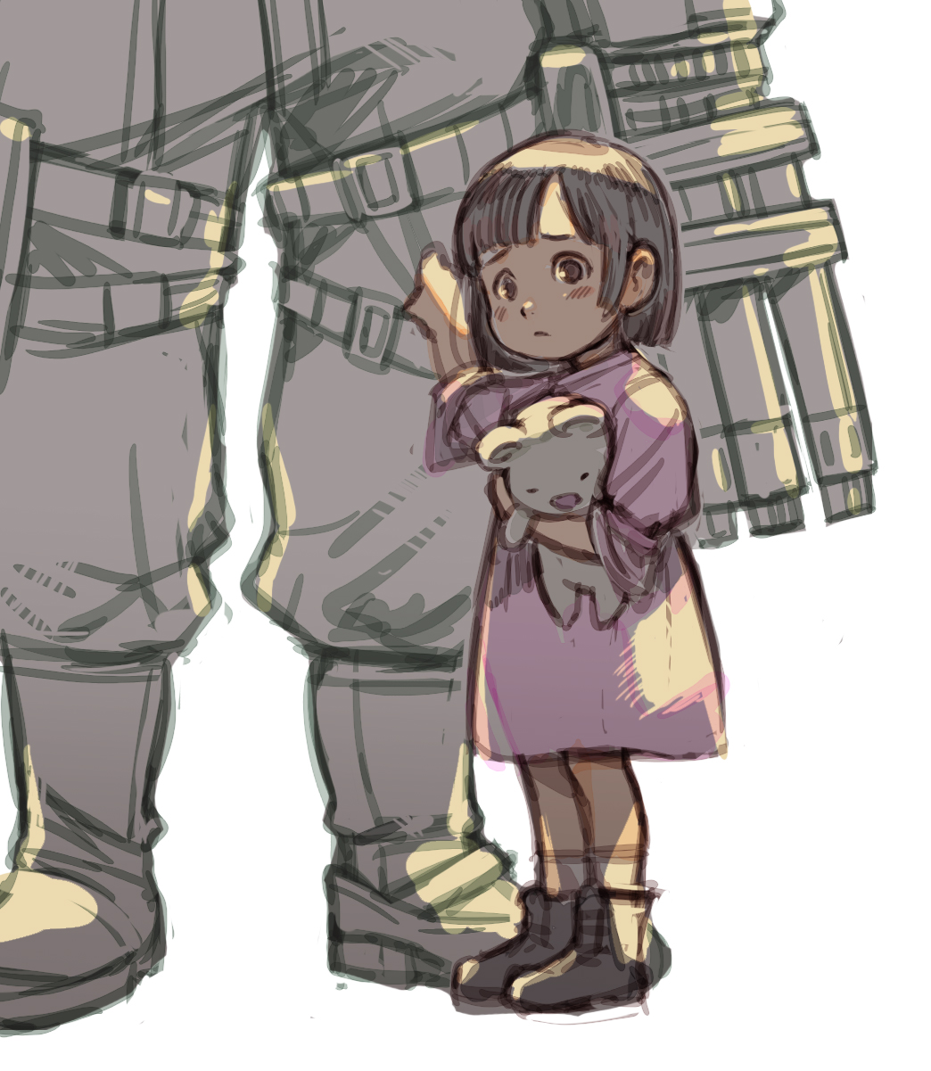 1boy 1girl barret_wallace black_boots black_hair boots closed_mouth dress final_fantasy final_fantasy_vii final_fantasy_vii_remake frown furrowed_brow highres holding holding_stuffed_toy marlene_wallace minagawa_fumio pink_dress purple_eyes simple_background socks solo_focus standing stuffed_toy white_background white_socks