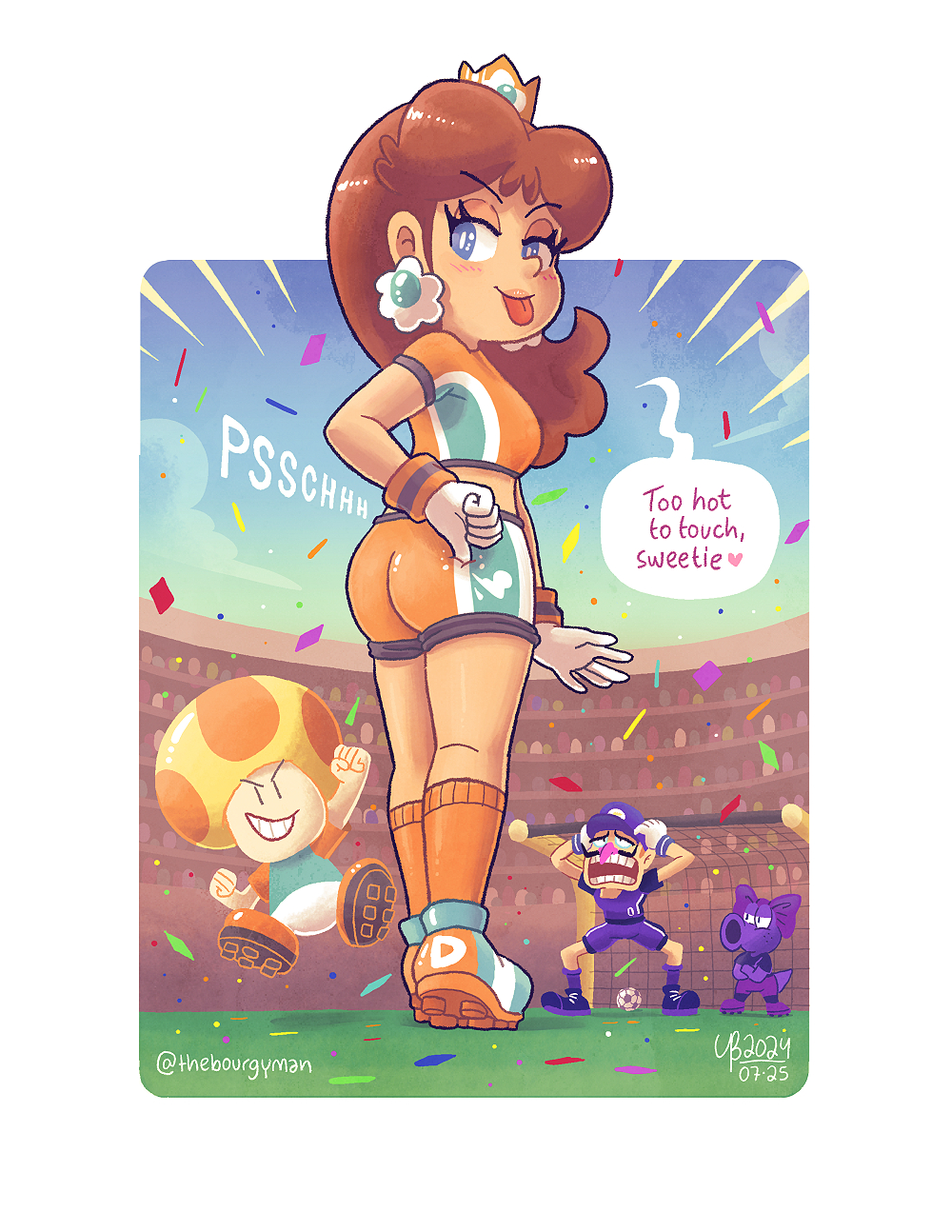2boys 2girls artist_name ass birdo blue_eyes breasts brown_hair daisy&#039;s_hot_stuff_(meme) facial_hair gloves half-closed_eyes hand_on_own_hip highres large_breasts legs looking_at_viewer looking_back mario_(series) mario_strikers_(series) midriff multiple_boys multiple_girls mustache naughty_face nintendo open_mouth princess_daisy short_hair shorts sideboob smile soccer soccer_uniform solo sportswear super_mario_strikers thebourgyman thighs toad_(mario) tongue tongue_out waluigi