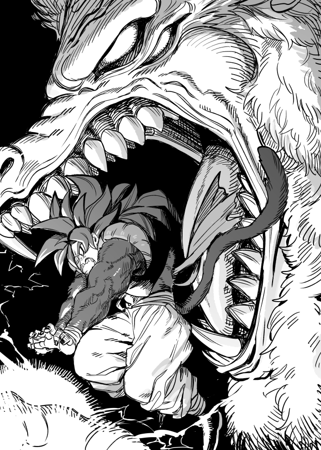 big_bang_kamehameha blonde_hair blue_eyes blue_sash body_fur dougi dragon_ball dragon_ball_gt energy_ball gogeta golden_oozaru greyscale incoming_attack kamehameha_(dragon_ball) long_hair male_focus metamoran_vest monkey_boy monkey_tail monochrome muscular muscular_male nanika_(nnkgh) open_mouth pants pectorals powering_up red_fur red_hair saiyan sash sharp_teeth simple_background spiked_hair super_saiyan super_saiyan_4 tail teeth white_pants