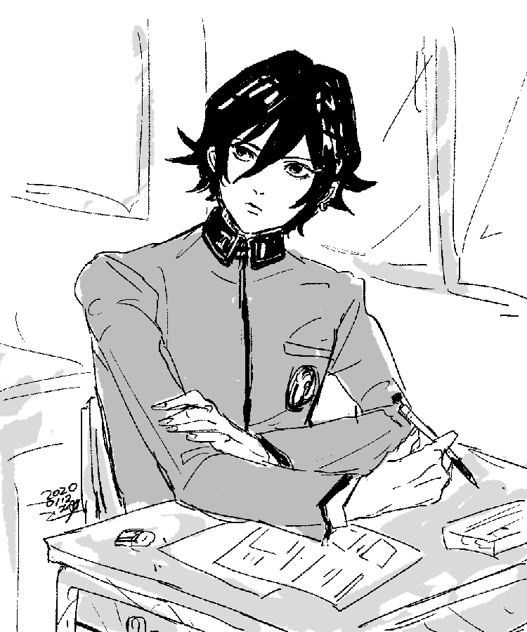 1boy bayu_(uyab003) bishounen black_hair chair classroom desk earrings grey_jacket greyscale holding holding_pen jacket jewelry long_sleeves male_focus monochrome oekaki on_chair paper pen persona persona_1 school_desk school_uniform short_hair single_earring sitting solo st._hermelin_school_uniform toudou_naoya window