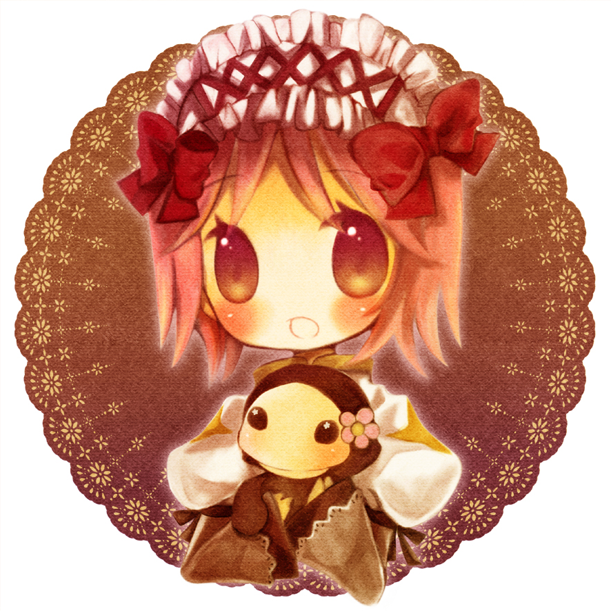 1girl arch_bishop_(ragnarok_online) blush bow brown_dress brown_eyes commentary_request dolor_of_thanatos dress frilled_hairband frills hair_bow hairband keimari looking_at_viewer open_mouth pink_hair ragnarok_online red_bow short_hair solo two-tone_dress upper_body white_dress white_hairband