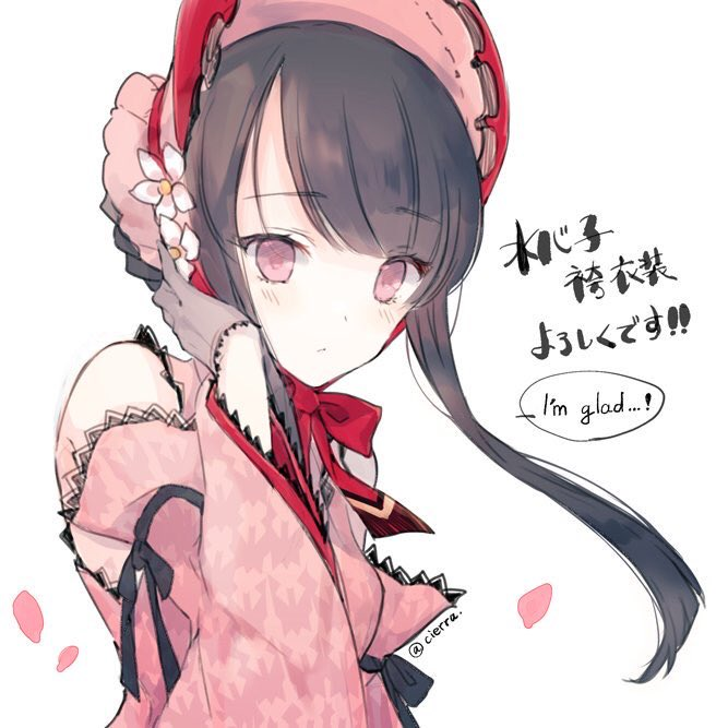 1girl artist_name bad_id bad_twitter_id black_gloves black_hair bonnet character_name cierra_(ra-bit) detached_sleeves english_text falling_petals flower gloves hand_up hat hat_flower japanese_clothes kimono long_sleeves looking_at_viewer official_alternate_costume official_alternate_hairstyle parted_lips petals pink_eyes pink_kimono red_ribbon ribbon second-party_source sidelocks sleeveless solo speech_bubble suishinshi_masahide_(tenka_hyakken) tenka_hyakken translated upper_body white_background wide_sleeves