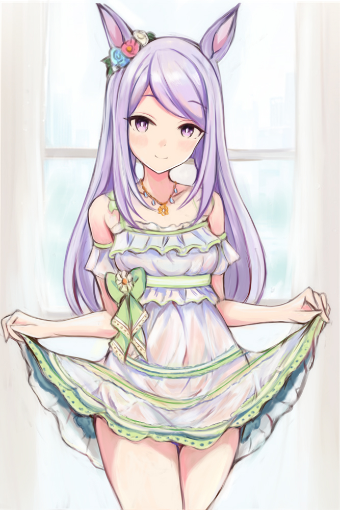 1girl animal_ears blush bow clothes_lift covered_navel cowboy_shot detached_sleeves dress dress_swimsuit green_bow horse_ears horse_girl indoors jewelry lifting_own_clothes long_hair looking_at_viewer mejiro_mcqueen_(ripple_fairlady)_(umamusume) mejiro_mcqueen_(umamusume) nannacy7 necklace official_alternate_costume purple_eyes purple_hair see-through_clothes see-through_dress skirt skirt_lift smile swimsuit twintails umamusume window