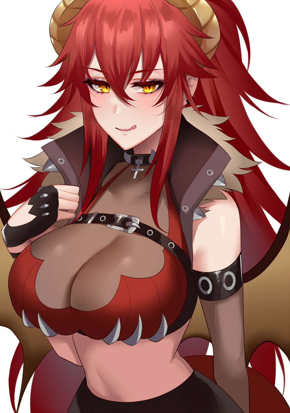 1girl :q belt bikini black_belt black_gloves breasts chest_belt cleavage cross detached_sleeves dragon_horns dragon_wings eyelashes fingerless_gloves fur_trim gloves hair_between_eyes highres hioka_h horns large_breasts midriff red_bikini red_hair solo swimsuit tongue tongue_out virtual_youtuber vshojo wings yellow_eyes zentreya zentreya_(dragon) zentreya_(dragon)_(1st_costume)
