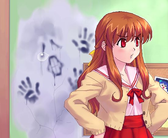 1girl breasts brown_hair bubble cardigan female_focus ghost hands_on_own_hips long_hair long_sleeves nose_bubble oekaki one_-_kagayaku_kisetsu_e orihara_kouhei red_eyes school_uniform solo zen