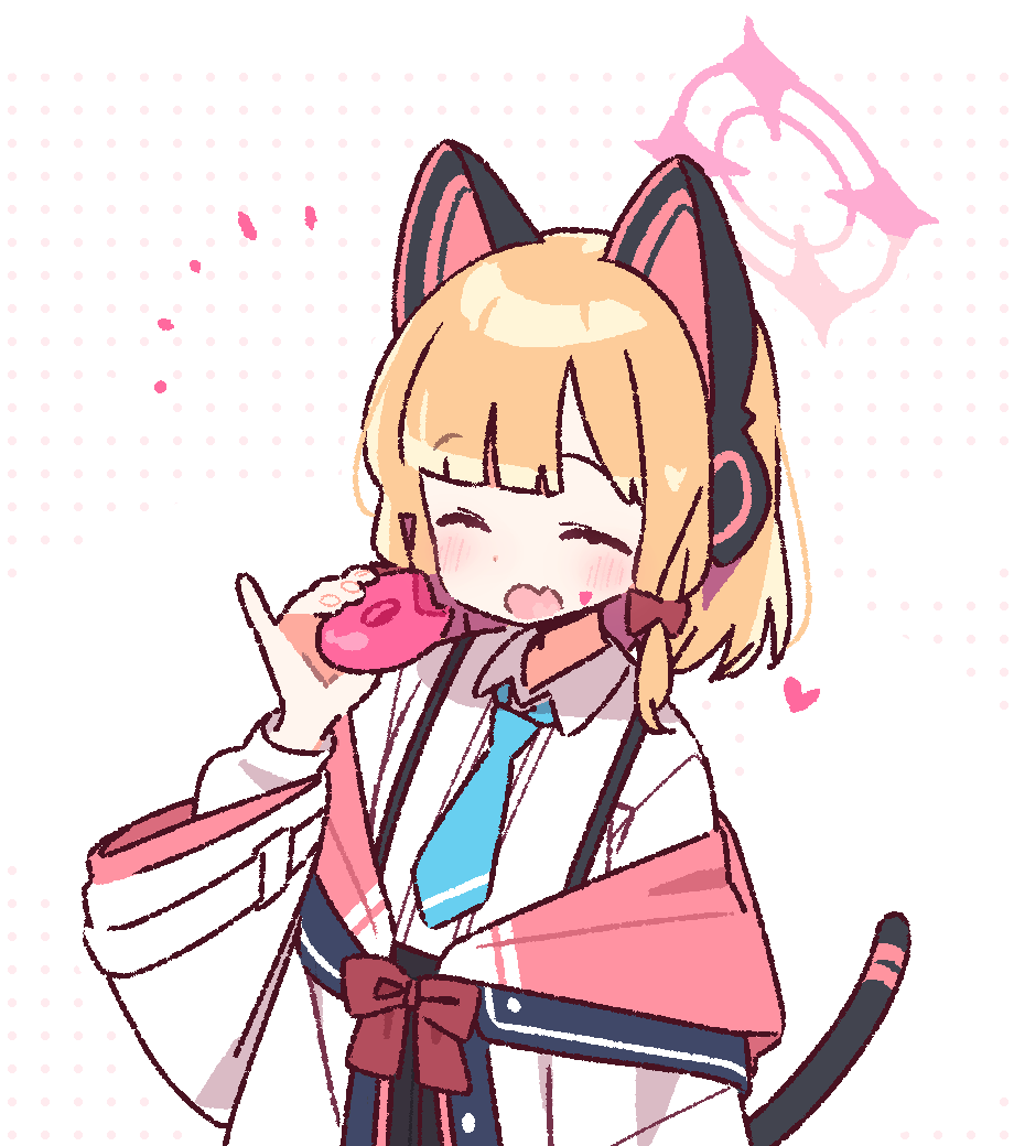 1girl animal_ear_headphones animal_ears blonde_hair blue_archive bow bowtie cat_ear_headphones cat_tail closed_eyes collared_shirt commentary donut eating fake_animal_ears fake_tail fang food hair_bow halftone halftone_background halo headphones heart holding holding_food jacket momoi_(blue_archive) open_mouth pink_halo red_bow red_bowtie shirt skin_fang tail upper_body white_background white_jacket white_shirt wide_sleeves yoru_nai