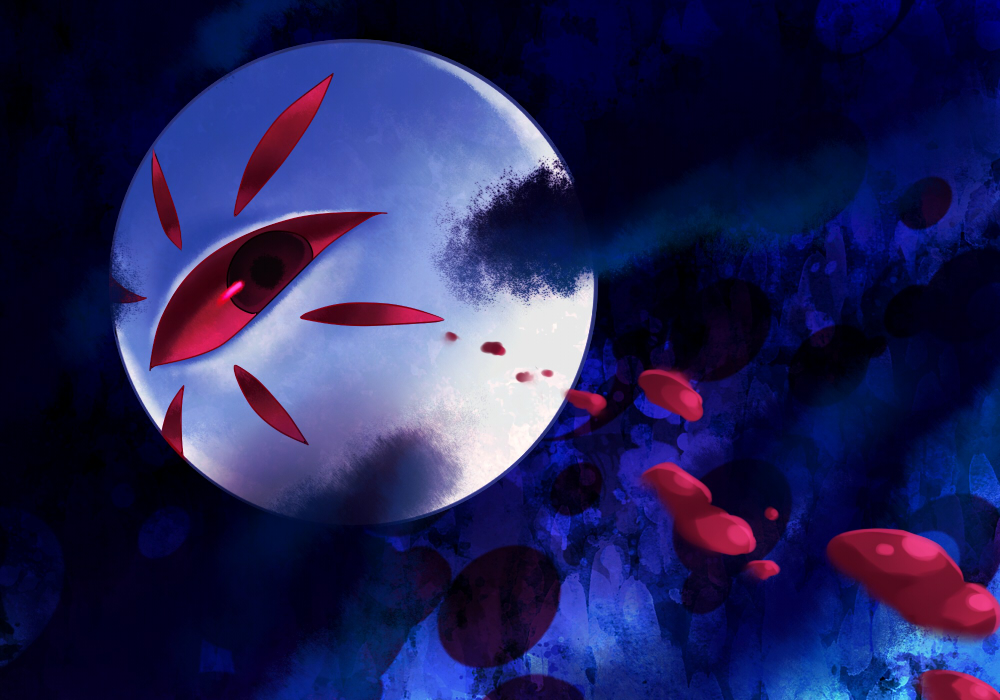 attack black_clouds blood blue_background cloud commentary_request dark dark_background dark_clouds kirby&#039;s_dream_land_3 kirby_(series) kurosiro looking_at_viewer nintendo no_humans one-eyed red_eyes solo zero_(kirby) zero_two_(kirby)