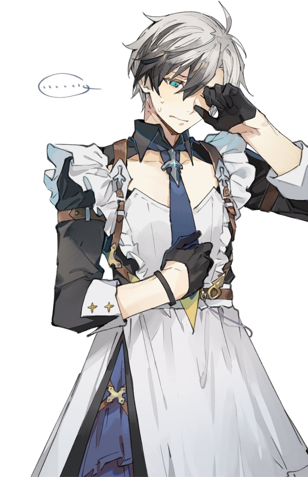 ... 1boy alternate_costume apron arm_strap black_dress black_gloves black_hair blue_necktie brooch cleavage_cutout clothing_cutout collarbone collared_dress crossdressing crossdressing_(mtf) dress embarrassed enmaided frilled_apron frills gloves green_eyes hair_between_eyes half_gloves highres jewelry ludger_will_kresnik maid male_focus necktie one_eye_closed short_hair sitting solo spoken_ellipsis suspenders sweatdrop tales_of_(series) tales_of_xillia tales_of_xillia_2 white_apron white_background white_hair xing_20