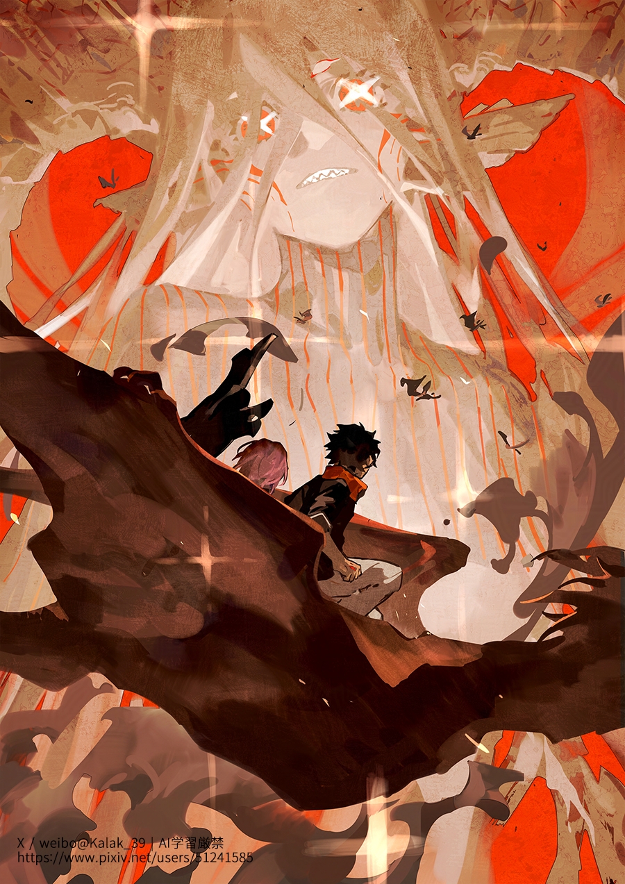 +_+ 1boy 2girls black_hair black_shirt curled_horns dinosaur fate/grand_order fate_(series) fujimaru_ritsuka_(male) fujimaru_ritsuka_(male)_(true_ether_chaldea_uniform) giant giantess highres horns kalak_39 large_horns long_hair long_horns mash_kyrielight multiple_girls orange_scarf pink_hair pointy_ears pterosaur red_eyes riding riding_dinosaur scarf shirt short_hair symbol-shaped_pupils tiamat_(fate) tiamat_(femme_fatale)_(fate) very_long_hair white_hair x-shaped_pupils