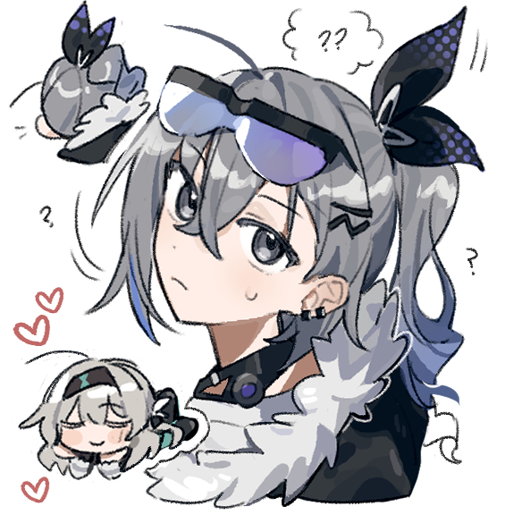 ? black_hairband closed_mouth commentary drill_hair drill_ponytail emne english_commentary eyewear_on_head firefly_(honkai:_star_rail) fur-trimmed_jacket fur_trim goggles goggles_on_head grey_hair hair_between_eyes hairband heart honkai:_star_rail honkai_(series) jacket purple-tinted_eyewear silver_wolf_(honkai:_star_rail) single_drill smile stellaron_hunters_(honkai:_star_rail) sweatdrop tinted_eyewear