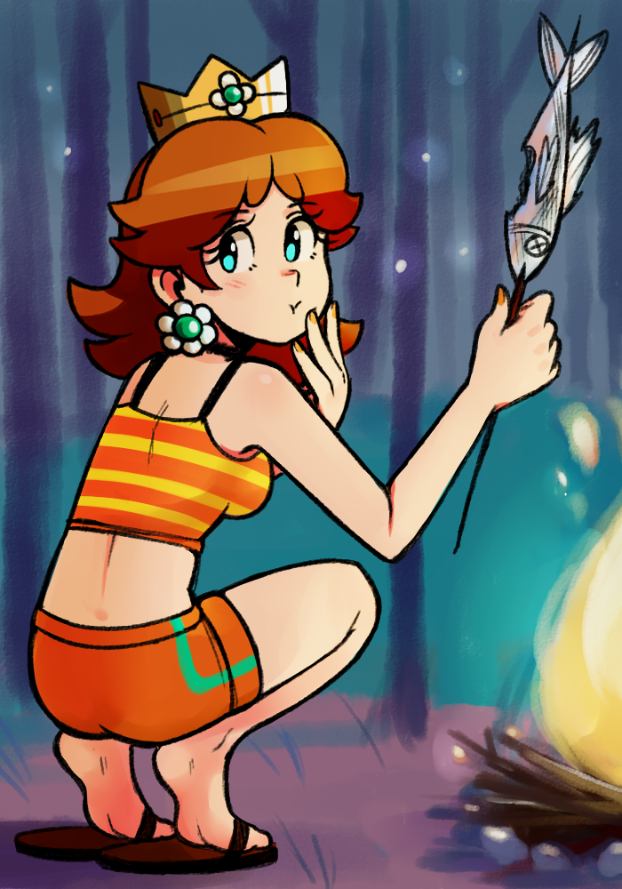 1girl ass blue_eyes breasts brown_hair campfire crown fish from_behind full_body holding holding_stick looking_at_viewer mario_(series) midriff nintendo orange_shorts pie_(aipiepo) princess_daisy sandals shorts solo squatting stick
