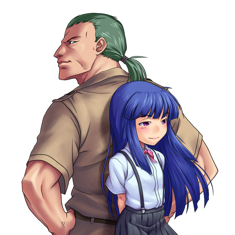 00s 07th_expansion back-to-back blue_hair blunt_bangs furude_rika green_eyes green_hair higurashi_no_naku_koro_ni hime_cut long_hair no_naku_koro_ni_(series) okonogi_tetsurou ponytail purple_eyes sat_(yukipoha) skirt suspender_skirt suspenders