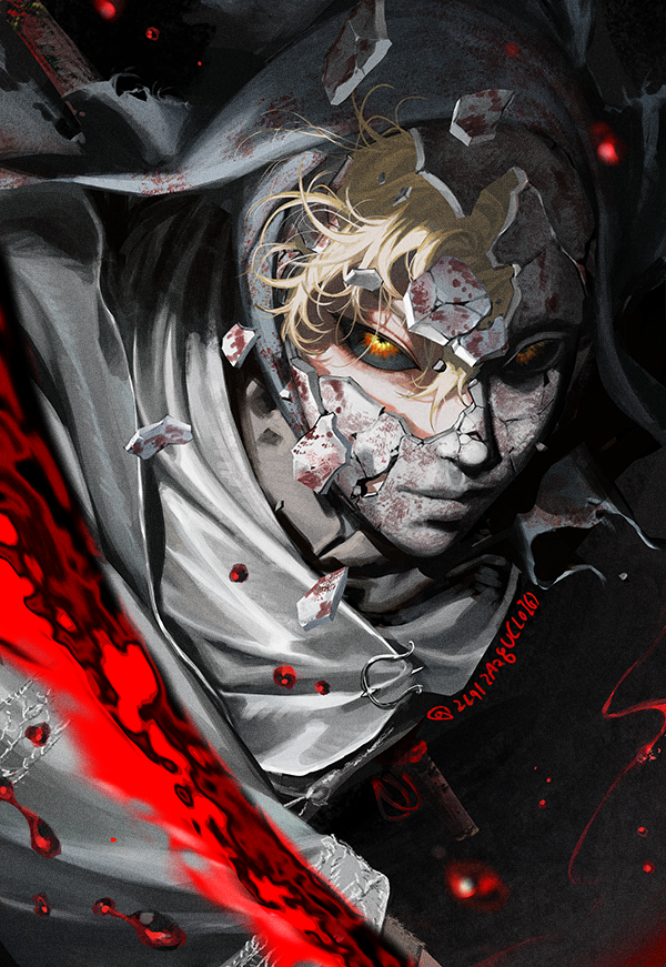 1boy black_sclera blackbox_(blackbox9158) blonde_hair blood blood_on_mask colored_sclera commentary cowl cracked_mask elden_ring hashtag-only_commentary hood hood_up looking_at_viewer male_focus mask multicolored_eyes orange_eyes short_hair solo two-tone_eyes white-faced_varre yellow_eyes