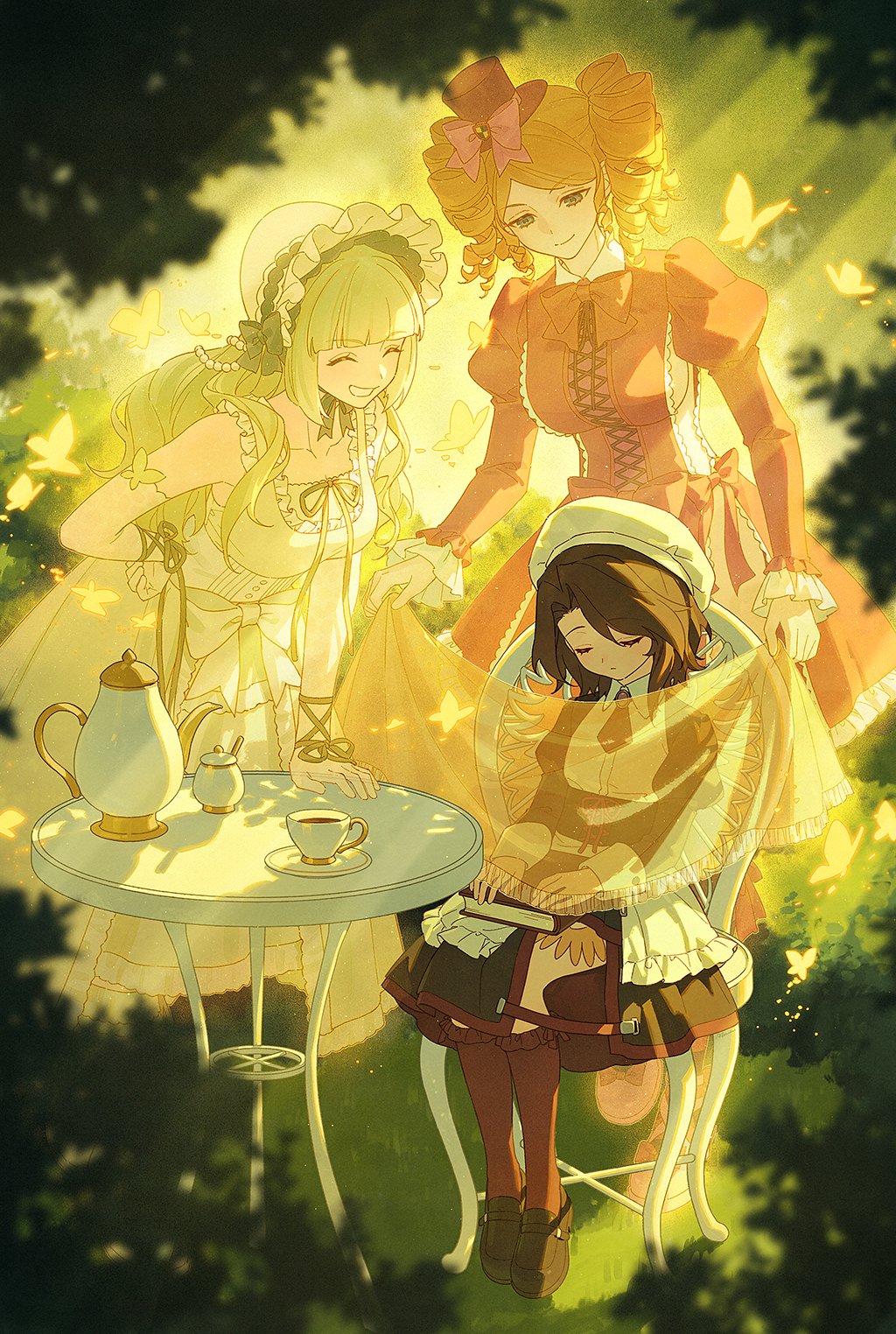 3girls aluce apron bed_sheet beret black_dress blonde_hair blunt_bangs blurry blurry_foreground bonnet bow bowtie breasts brown_hair bug butterfly chair clair_vaux_bernardus closed_eyes closed_mouth covering_with_blanket cup day depth_of_field dress drill_hair elbow_gloves facing_another frilled_bonnet frilled_dress frills gaap_(umineko) gloves grass green_hair grin hat highres holding holding_sheet insect juliet_sleeves kneehighs light_smile loafers long_hair long_sleeves looking_at_another maid maid_apron multiple_girls necktie on_chair outdoors puffy_sleeves red_bow red_bowtie red_dress red_necktie red_socks shannon_(umineko) shoes short_hair sideboob sideless_dress sitting sleeping sleeveless sleeveless_dress smile socks table tea teacup teapot tree twin_drills umineko_no_naku_koro_ni waist_apron white_dress white_gloves