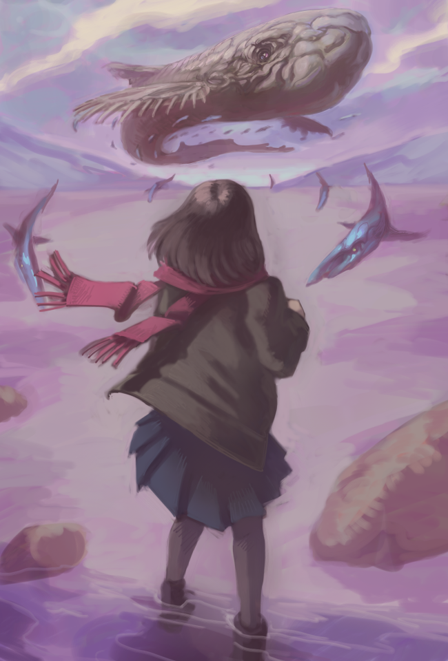 1girl bad_id bad_pixiv_id black_hair black_jacket black_pantyhose blue_skirt cloud fish flying_whale jacket legs_apart long_sleeves medium_hair miniskirt original outdoors pantyhose pink_scarf pleated_skirt ripples rock scarf skirt standing vaison wading water whale