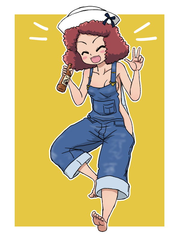 1girl alcohol blush bottle breasts closed_eyes collarbone denim_overalls girls_und_panzer hat holding holding_bottle liquor naked_overalls open_mouth overalls parted_lips red_hair rum_(girls_und_panzer) sailor_hat simple_background small_breasts smile takahashi_kurage white_hat yellow_background