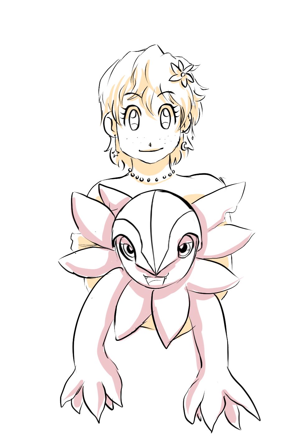1girl digimon digimon_(creature) fangs floramon happy highres looking_at_viewer petals smile