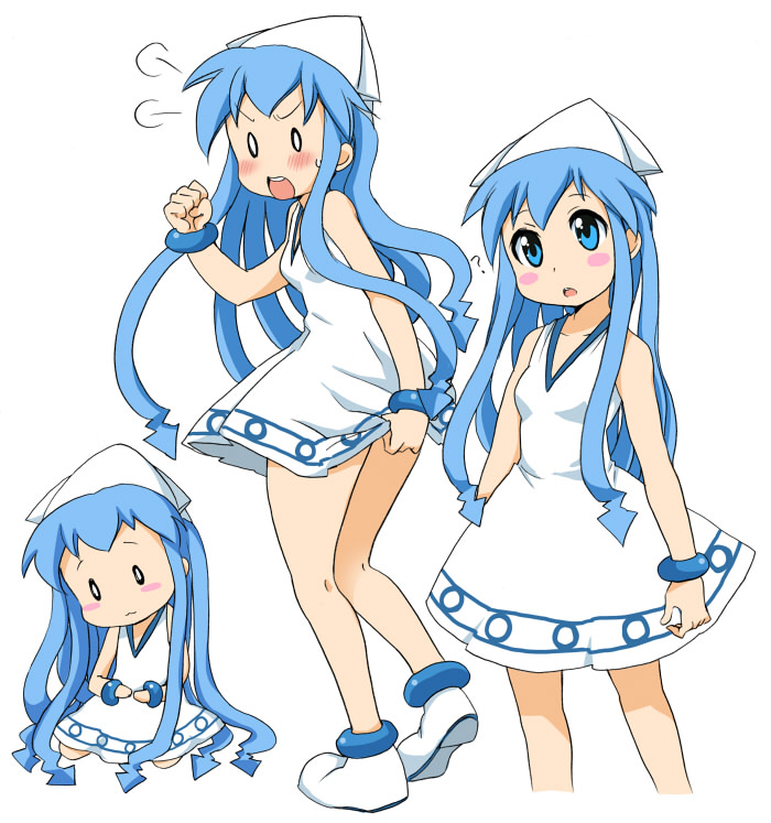 1girl :3 :o ? back blue_eyes blue_hair blush_stickers chibi female_focus hat ikamusume long_hair matching_hair/eyes mini-ikamusume o_o open_mouth shinryaku!_ikamusume solo tentacle_hair ubizo