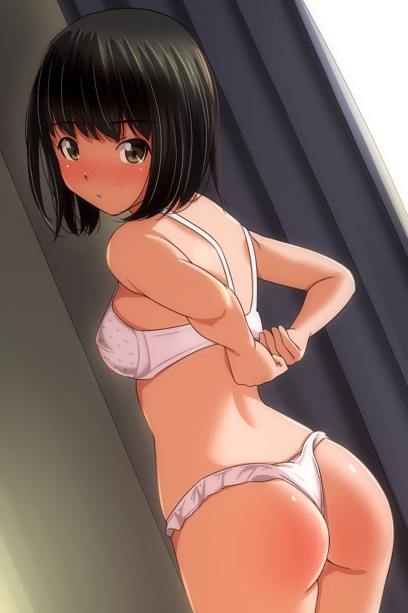 1girl ass black_hair blush bra breasts brown_eyes curtains from_behind looking_at_viewer looking_back matsunaga_kouyou medium_breasts open_mouth original panties removing_bra short_hair standing underwear undressing white_bra white_panties window