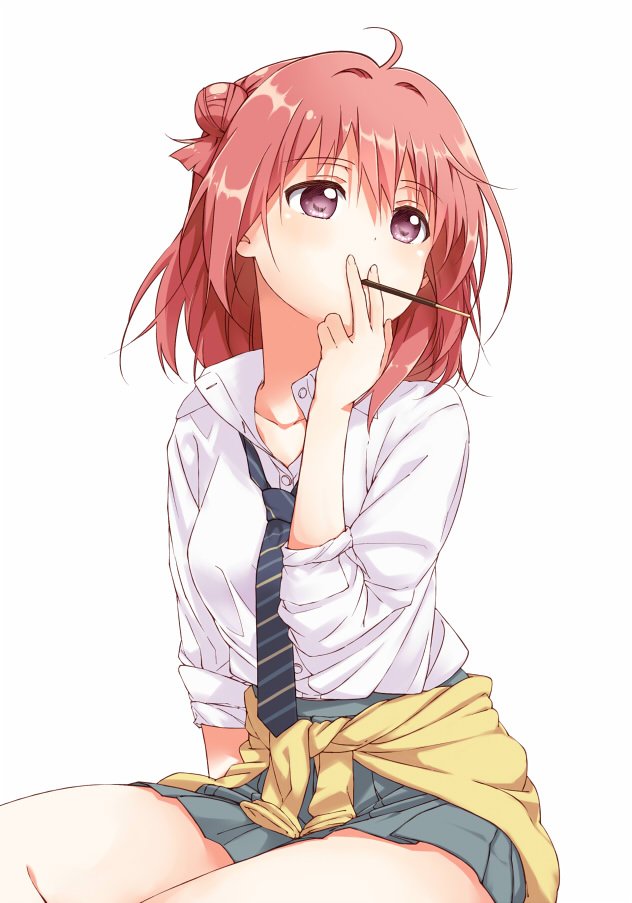1girl ahoge akaza_akari black_necktie clothes_around_waist commentary diagonal-striped_clothes diagonal-striped_necktie diagonal-striped_neckwear double_bun dress_shirt food food_in_mouth grey_skirt hair_bun holding holding_food long_sleeves looking_to_the_side loose_necktie miniskirt necktie partially_unbuttoned pleated_skirt pocky purple_eyes red_hair school_uniform shikou_sakugo_(qqap9gt9k) shirt short_hair simple_background sitting skirt sleeves_rolled_up solo striped_clothes striped_necktie striped_neckwear sweater white_background white_shirt wing_collar yellow_sweater yuruyuri