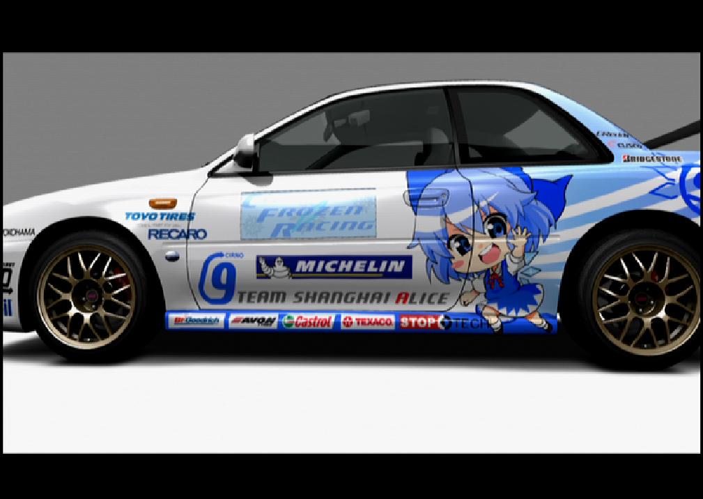 3d blue_dress blue_eyes blue_hair blush_stickers bow car chibi cirno dress forza_motorsport_3 from_side hair_bow letterboxed looking_at_viewer motor_vehicle no_humans number_print open_mouth red_ribbon ribbon ruku_rx smile subaru_(brand) subaru_(car) subaru_impreza teeth touhou upper_teeth_only vehicle_focus wings