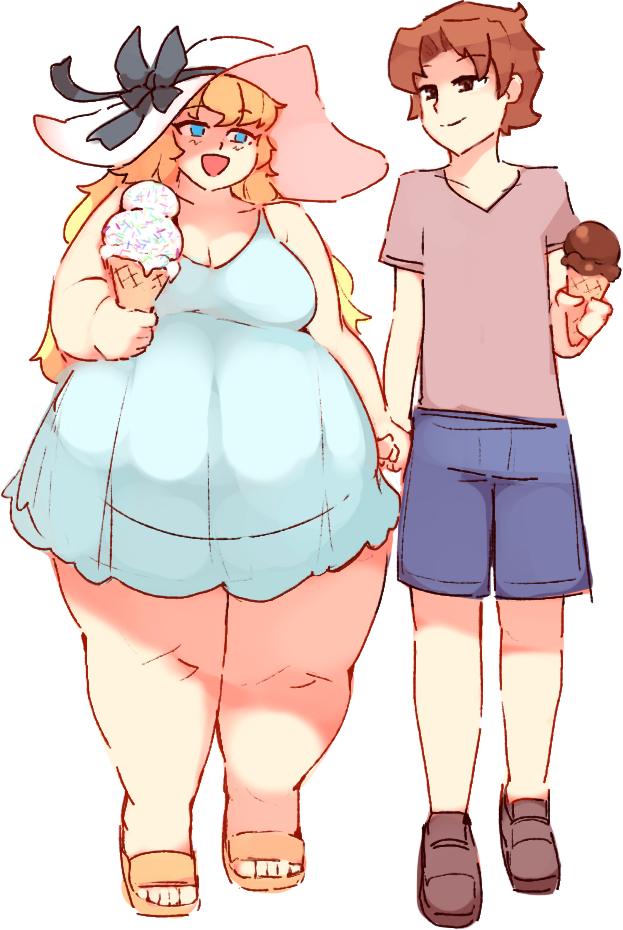 1boy 1girl blonde_hair blue_eyes breasts brown_eyes brown_hair cleavage dress fat fat_woman hat large_breasts long_hair obese rtil sandals satou_lilly short_hair thick_arms thick_thighs thighs white_dress white_hat