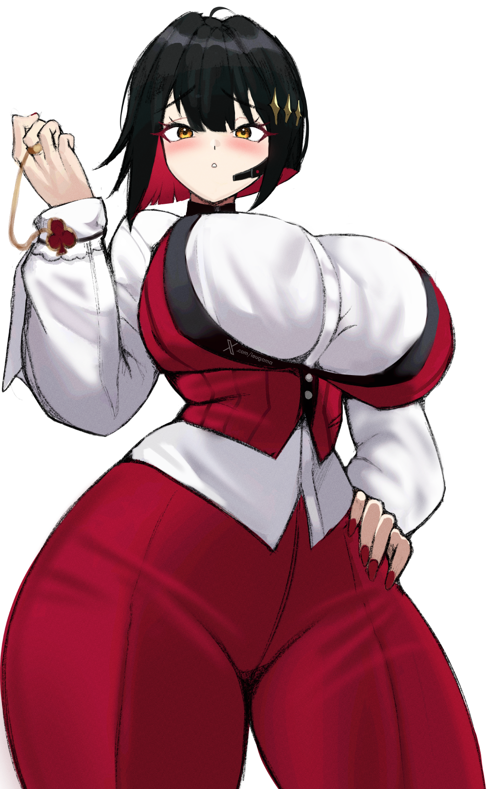 1girl black_choker black_hair blush breasts choker club_(shape) colored_inner_hair commentary cowboy_shot earpiece english_commentary eyelashes furrowed_brow goddess_of_victory:_nikke hand_on_own_hip highres huge_breasts ieugama impossible_clothes long_sleeves looking_at_viewer multicolored_hair nail_polish narrow_waist orange_eyes pants parted_lips red_hair red_nails red_pants red_vest rouge_(nikke) shirt short_hair simple_background solo sparkle_hair_ornament standing taut_clothes taut_pants twitter_username two-tone_hair vest white_background white_shirt wide_hips