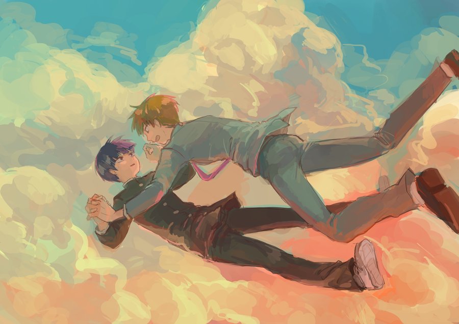 2boys black_hair blonde_hair bowl_cut brown_shoes cloud commentary_request falling formal_clothes gakuran grey_suit himeko_(nico6v6pachi) holding_hands interlocked_fingers kageyama_shigeo male_focus mob_psycho_100 multiple_boys necktie pink_necktie reigen_arataka school_uniform shoes smile suit white_shoes