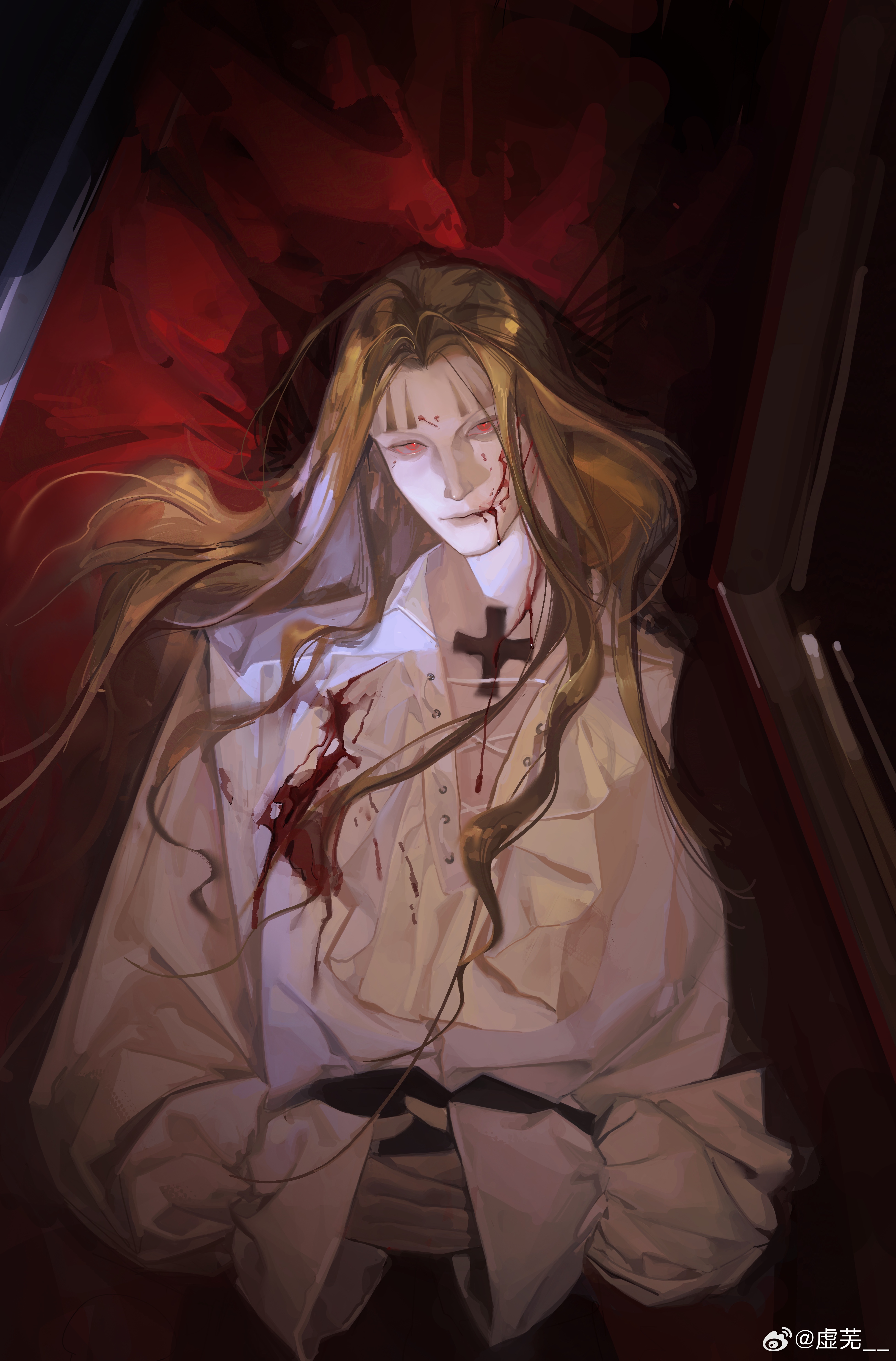 1boy 1girl absurdres allosaurus androgynous basil_hawkins bishounen blonde_hair blood blood_on_clothes blood_on_face coffin cross cross_necklace cross_patty formal_clothes highres holding jewelry latin_cross long_hair looking_at_viewer male_focus necklace one_piece pants red_eyes shabondi shirt sin_node solo tattoo upper_body white_shirt