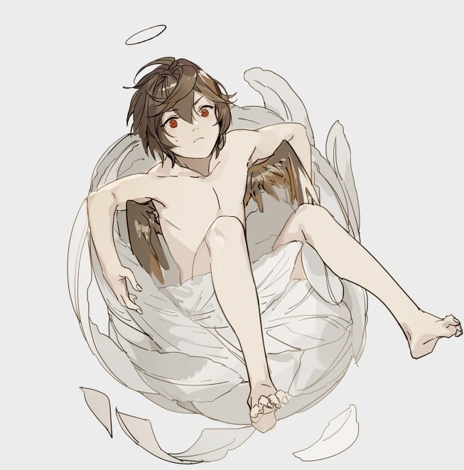 1boy aged_down barefoot brown_hair closed_mouth commentary feathers granblue_fantasy grey_background halo male_focus nineo nude red_eyes sandalphon_(granblue_fantasy) simple_background solo white_feathers wings