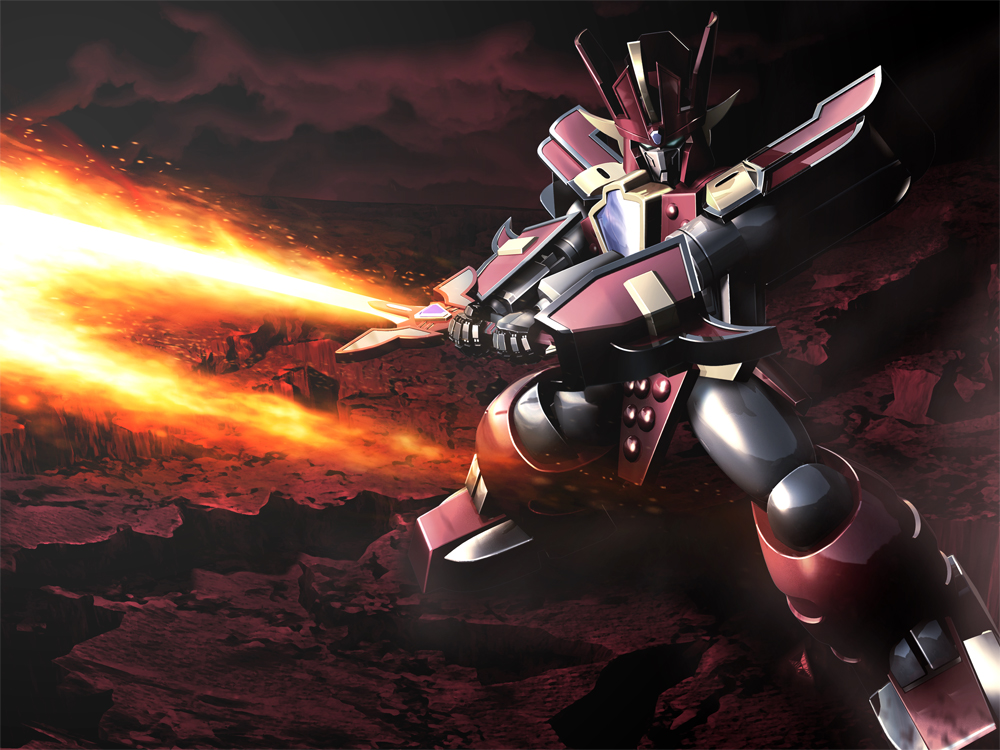 1980s_(style) 1990s_(style) canyon cloud fire granzort itsuki_(ituki4) madou_king_granzort mecha no_humans oldschool red_theme retro_artstyle robot solo sword weapon