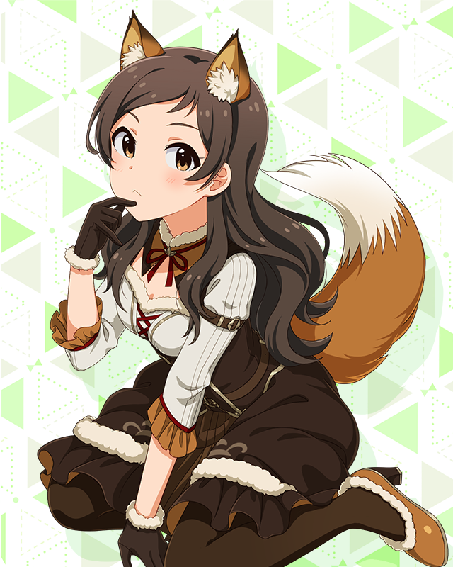 1girl :&lt; animal_ear_fluff animal_ears black_hair blush bodice breasts brown_dress brown_footwear brown_gloves cleavage closed_mouth detached_collar dirndl dot_nose dress eyelashes fake_animal_ears fox_ears fox_tail frilled_sleeves frills fur-trimmed_collar fur-trimmed_footwear fur-trimmed_gloves fur_trim german_clothes gloves hair_over_shoulder hand_on_ground hand_on_own_chin idolmaster idolmaster_million_live! idolmaster_million_live!_theater_days kitazawa_shiho kneeling konkon_comfort_(idolmaster) long_hair looking_at_viewer medium_breasts neck_ribbon official_alternate_costume official_art parted_bangs ribbon shirt sidelocks sitting sleeveless sleeveless_dress three-quarter_sleeves solo tail triangle_background underbust wavy_hair white_shirt yellow_eyes yokozuwari