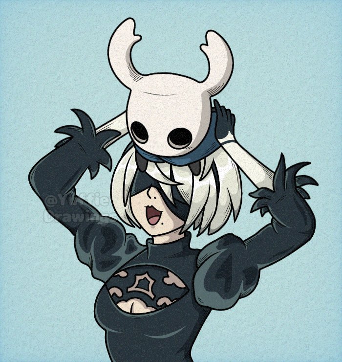 1girl 1other 2b_(nier:automata) black_hairband blindfold breasts cleavage cleavage_cutout clothing_cutout commentary crossover grey_hair hairband hollow_knight juliet_sleeves knight_(hollow_knight) long_sleeves mole mole_under_mouth nier:automata nier_(series) on_head open_mouth puffy_sleeves smile twitter_username watermark yuffie_drawings