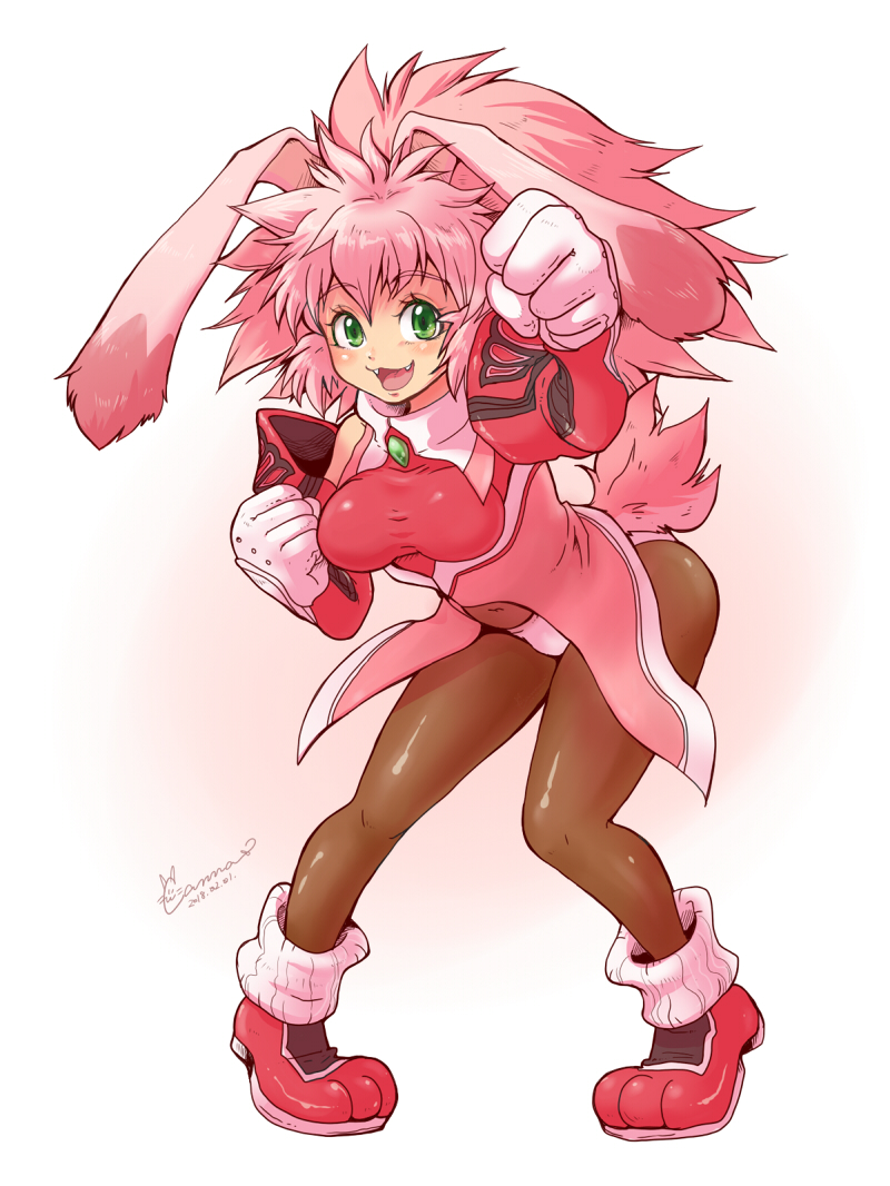 1girl :d animal_ears bodysuit brown_bodysuit clenched_hand covered_navel dated elbow_gloves fang female_focus full_body gloves green_eyes long_hair looking_at_viewer open_mouth panties pantyhose pink_hair pink_shoes rabbit_ears rabbit_tail saichi_(artist) seraphita_(xenogears) shoes signature simple_background smile solo tail underwear white_background white_gloves white_panties xenogears