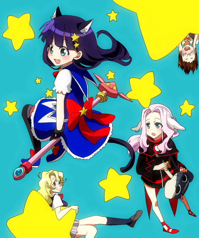 00s 4girls alternate_costume animal_ears bad_id bad_pixiv_id blonde_hair brown_hair cat_ears cat_tail darry_adai fang hair_ornament hairclip kinon_bachika kiyal_bachika kiyalunga kiyoh_bachika linaria_(ookinahitomi) magical_girl multiple_girls pink_hair purple_hair ribbon staff star_(symbol) tail tengen_toppa_gurren_lagann tengen_toppa_gurren_lagann:_parallel_works thighhighs
