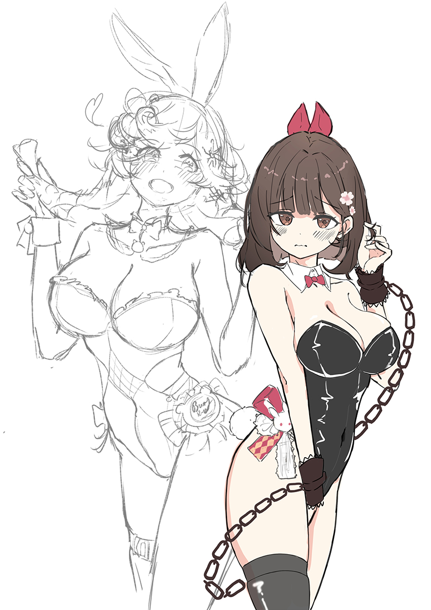 2girls :d animal_ears bare_shoulders black_leotard black_thighhighs blush bob_cut bow bowtie braid breasts brown_eyes brown_hair bunny_bunny_(reverse:1999) chain covered_navel cowboy_shot cuffs detached_collar flower furrowed_brow hair_bow hair_flower hair_ornament hand_up hands_up highres holding holding_own_hair justina_(sduy5347) large_breasts leotard looking_at_viewer medium_breasts multiple_girls open_mouth partially_colored pink_bow pink_flower playboy_bunny rabbit_ears reverse:1999 satsuki_(reverse:1999) short_hair shy single_thighhigh sketch smile strapless strapless_leotard thighhighs twin_braids white_background wrist_cuffs