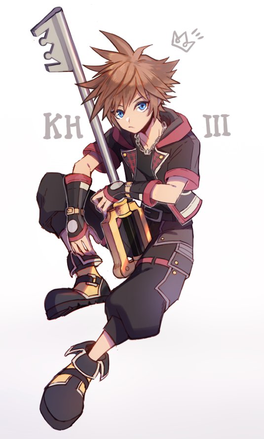 1boy belt between_legs black_belt black_jacket black_pants black_shirt blue_eyes boots brown_hair copyright_name floating_crown full_body gradient_background grey_background hood hood_down hooded_jacket invisible_chair jacket keyblade kingdom_hearts kingdom_hearts_iii kingdom_key leaning_forward light_frown looking_at_viewer male_focus open_clothes open_jacket pants puffy_pants shirt short_hair short_sleeves sitting solo sora_(kingdom_hearts) spiked_hair yellow_boots yurichi_(artist)