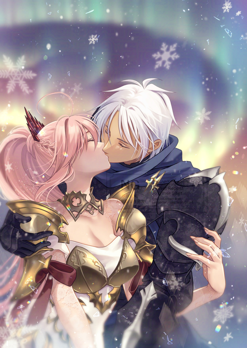 1boy 1girl alphen_(tales) armor aurora braid breasts closed_eyes couple dark-skinned_male dark_skin hair_between_eyes hanasakuraya hetero highres kiss long_hair night night_sky outdoors parted_bangs pink_hair ponytail short_hair shoulder_armor sidelocks sky snow snowflakes star_(sky) starry_sky tales_of_(series) tales_of_arise very_long_hair white_hair winter