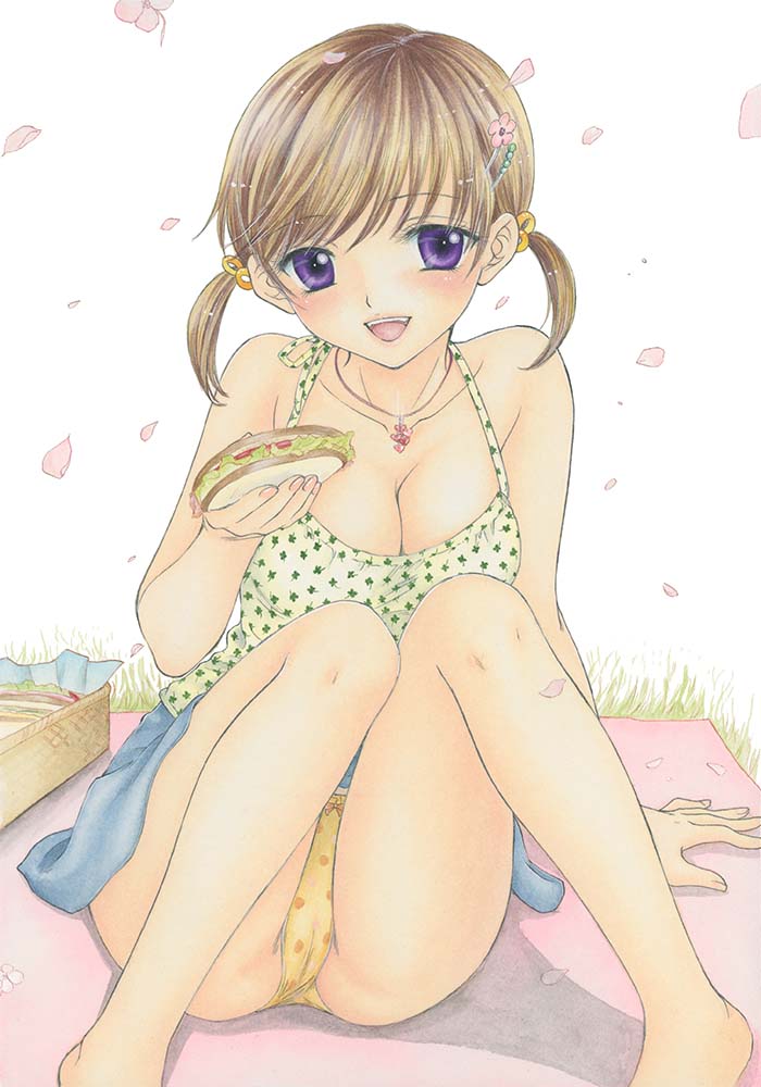 1girl arm_support barefoot blue_skirt blush bow bow_panties breasts brown_hair cherry_blossoms cleavage clover_print collarbone flower food grass green_shirt hair_flower hair_ornament hairclip heart heart_necklace holding large_breasts looking_at_viewer mat necklace open_mouth ozaki_mirai panties pantyshot picnic picnic_basket polka_dot polka_dot_panties print_shirt purple_eyes sandwich shirt short_hair sitting skirt smile tank_top teeth twintails underwear yellow_panties