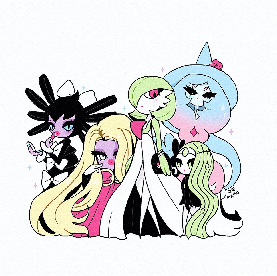 5girls artist_name black_sclera blonde_hair blue_eyes bob_cut bow colored_sclera colored_skin dress gardevoir gen_1_pokemon gen_3_pokemon gen_5_pokemon gen_8_pokemon gothitelle green_eyes green_hair green_skin hair_over_one_eye hat hatterene jynx legendary_pokemon lipstick looking_at_viewer makeup mamobot meloetta multicolored_skin multiple_girls mythical_pokemon nintendo pink_eyes pokemon pokemon_(creature) red_dress two-tone_skin white_bow white_dress white_skin witch_hat