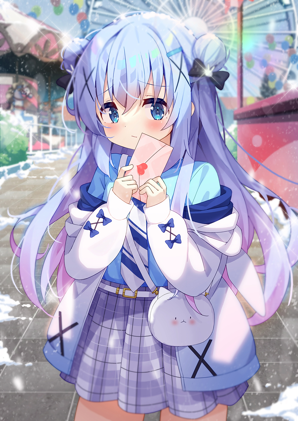 1girl amusement_park bag black_bow blue_eyes blue_hair blue_necktie blue_shirt blurry blurry_background bow closed_mouth commentary_request cowboy_shot double_bun ferris_wheel furrowed_brow glint gochuumon_wa_usagi_desu_ka? grey_skirt hair_bow hair_bun hair_ornament hairclip highres holding holding_letter jacket kafuu_chino letter long_hair long_sleeves looking_at_viewer love_letter necktie open_clothes open_jacket outdoors plaid_clothes plaid_skirt pleated_skirt rabbit_hair_ornament shirt shoulder_bag skirt solo striped_necktie taku_michi two-tone_necktie white_bag white_jacket white_necktie x_hair_ornament