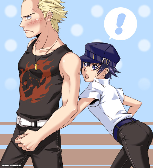 ! 1boy 1girl androgynous ass atlus bad_id bad_pixiv_id blue_eyes blue_hair blush cabbie_hat couple embarrassed holding_hands hat hetero kuroko persona persona_4 reverse_trap shirogane_naoto short_hair surprised tatsumi_kanji