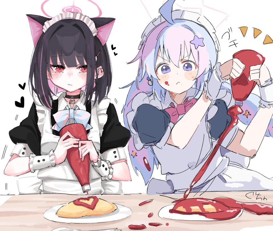 &gt;:( 2girls :/ ahoge alternate_costume apron black_choker black_dress black_hair blue_archive blue_hair blunt_bangs blush blush_stickers bottle choker closed_mouth colored_inner_hair commentary_request dress enmaided food frilled_apron frills frown hair_intakes hair_ornament hairclip halo heart holding holding_bottle kazusa_(blue_archive) ketchup ketchup_bottle long_hair looking_at_food looking_at_viewer looking_down low_twintails maid maid_headdress medium_hair motion_lines multicolored_hair multiple_girls negu_(pixiv_6519140) notice_lines omelet omurice pink_hair pink_halo puffy_short_sleeves puffy_sleeves red_eyes reisa_(blue_archive) short_sleeves side-by-side simple_background sound_effects star_(symbol) star_hair_ornament streaked_hair twintails two-tone_hair upper_body v-shaped_eyebrows white_apron white_background white_wrist_cuffs wrist_cuffs