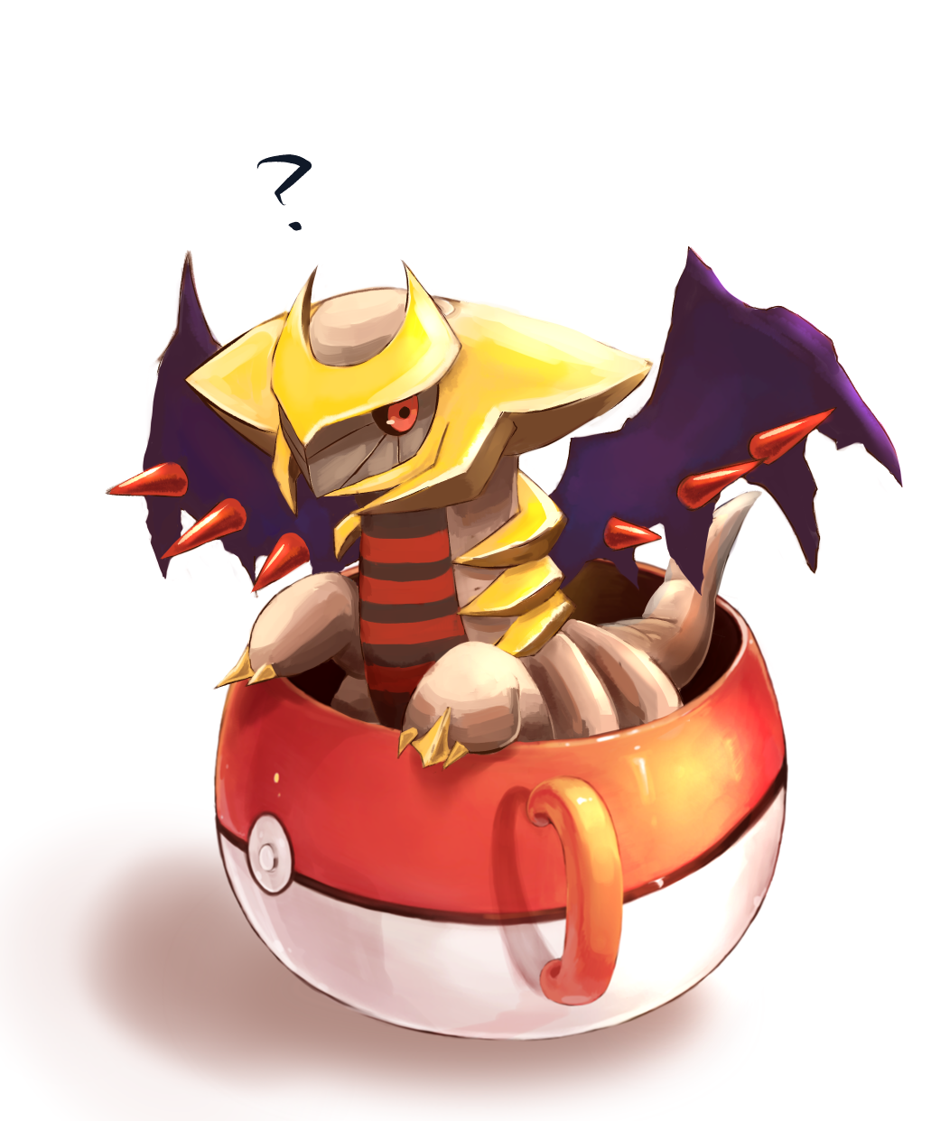 ? animal_focus black_sclera coffee_mug colored_sclera cup feet_out_of_frame full_body gen_4_pokemon giratina highres in_container lcshian legendary_pokemon minimized mug nintendo no_humans poke_ball pokeball_mug pokemon pokemon_(creature) red_eyes simple_background solo three_quarter_view white_background