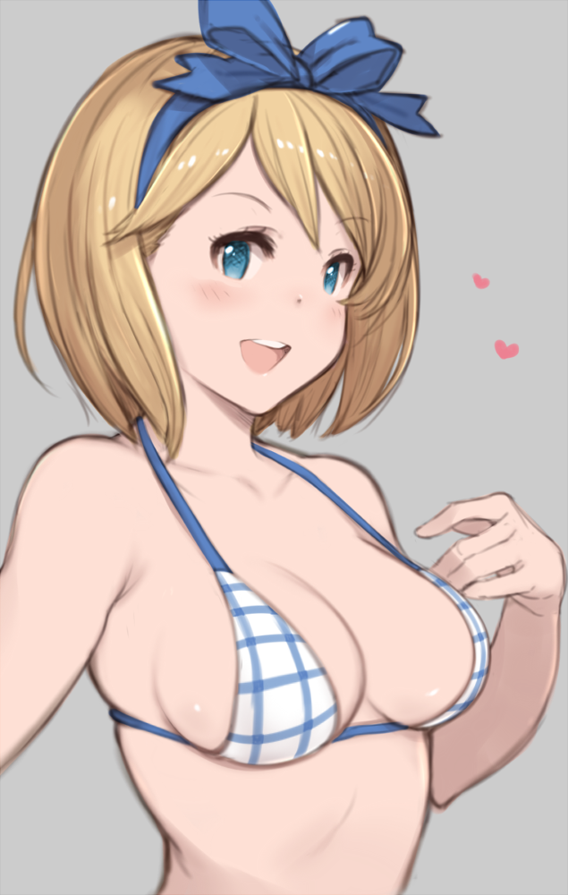 10s 1girl :d adapted_costume bikini blonde_hair blue_eyes blush bow breasts cleavage collarbone djeeta_(granblue_fantasy) female_focus granblue_fantasy hair_bow hanarito heart kimi_to_boku_no_mirai looking_at_viewer medium_breasts open_mouth ribbon short_hair smile solo swimsuit upper_body