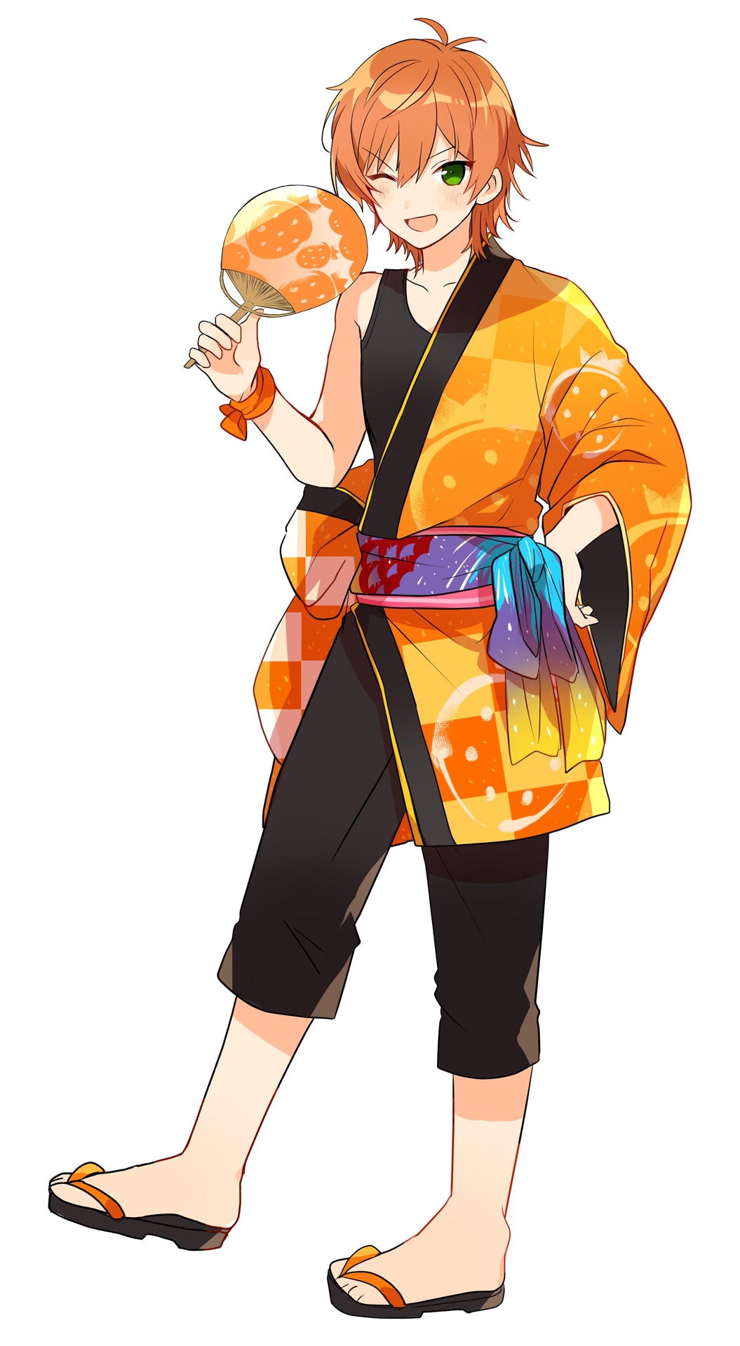 1boy antenna_hair black_pants black_tank_top blush collarbone full_body green_eyes hand_fan hand_on_own_hip highres holding holding_fan japanese_clothes jel_(stpri) kimono looking_at_viewer obi official_art one_eye_closed open_mouth orange_hair pants paper_fan sandals sash short_hair simple_background single_sleeve solo standing strawberry_prince tank_top uchiwa v-shaped_eyebrows white_background wide_sleeves yukata zouri