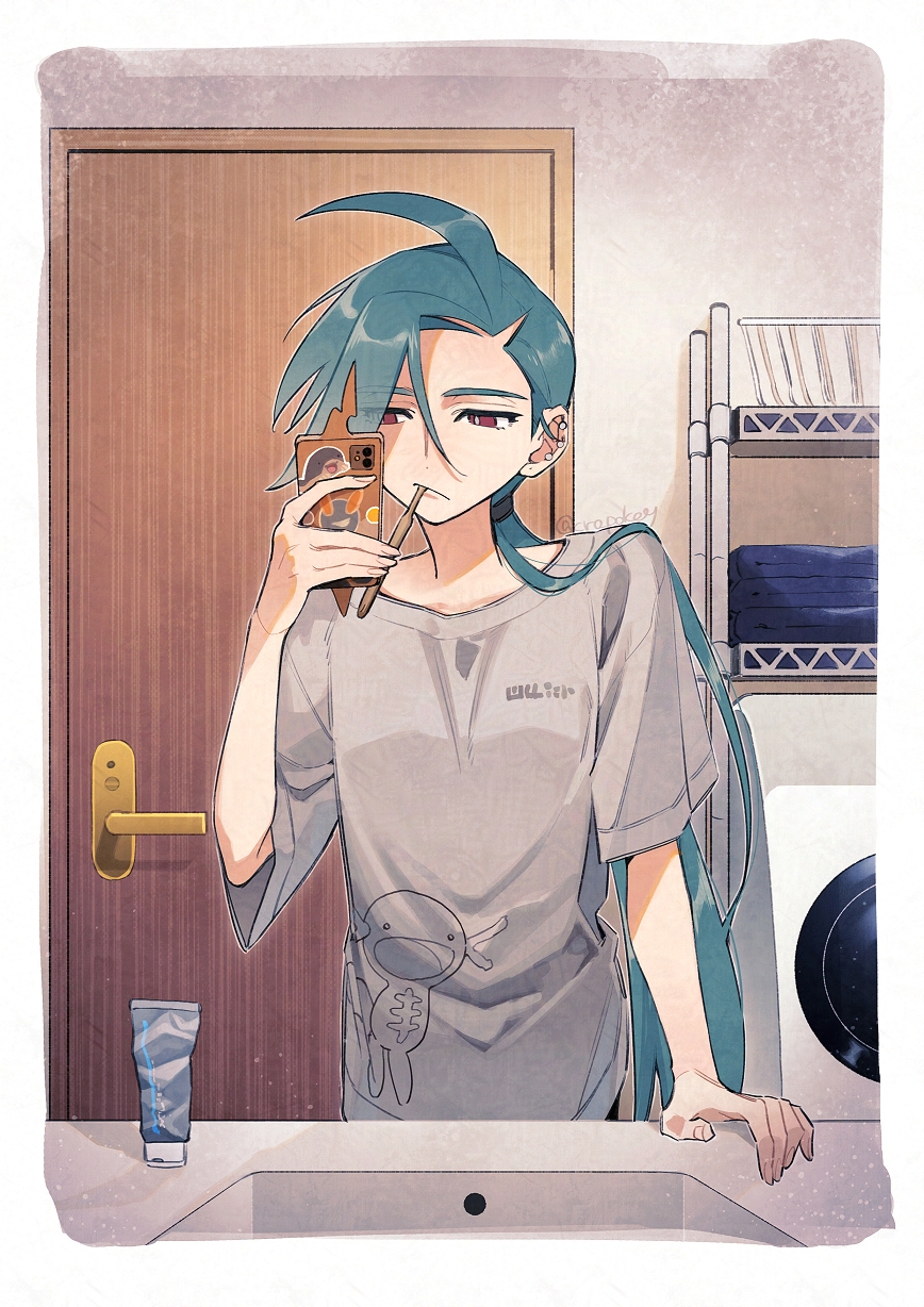 1girl ahoge alternate_costume aqua_hair bathroom border bright_pupils character_print clodsire door ear_piercing expressionless gen_4_pokemon green_hair grey_shirt hand_up highres holding holding_phone indoors long_hair low_ponytail mouth_hold nintendo paldean_wooper phone piercing pokemon pokemon_sv ponytail red_eyes rika_(pokemon) rotom rotom_phone selfie shirt shougo-akira sink solo swept_bangs toothbrush toothbrush_in_mouth toothpaste towel upper_body washing_machine white_border white_pupils