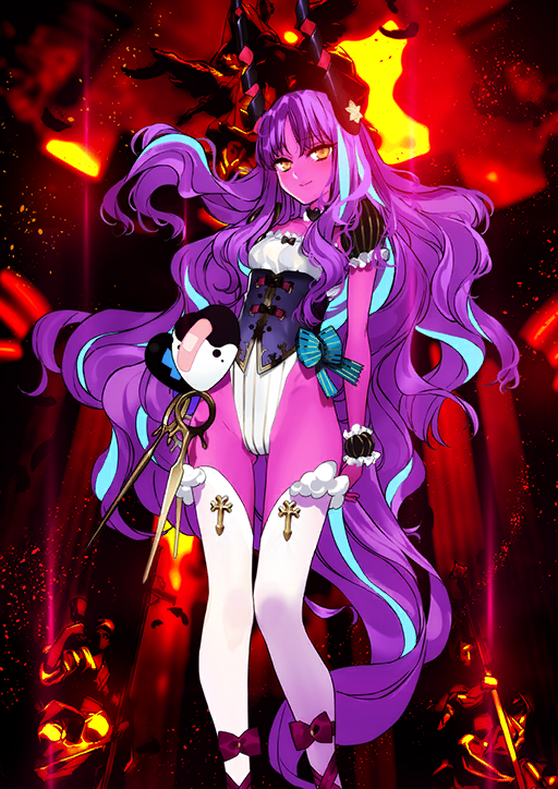 1girl arms_at_sides arms_behind_back black_horns black_sleeves black_wrist_cuffs blue_bow bow breasts caren_hortensia caren_hortensia_(amor_caren) caren_hortensia_(devil_caren) closed_mouth colored_skin corset detached_collar detached_sleeves evil_smile fate/grand_order fate_(series) feet_out_of_frame fiery_background fire floating_hair frilled_sleeves frilled_wrist_cuffs frills game_cg gluteal_fold groin highleg highleg_leotard horns leotard long_hair looking_at_viewer morii_shizuki multicolored_hair official_art orange_eyes parted_bangs pink_skin puffy_short_sleeves puffy_sleeves purple_corset purple_hair red_background short_sleeves small_breasts smile solo standing strapless streaked_hair thighhighs third-party_source variant_set very_long_hair white_leotard white_thighhighs wrist_cuffs