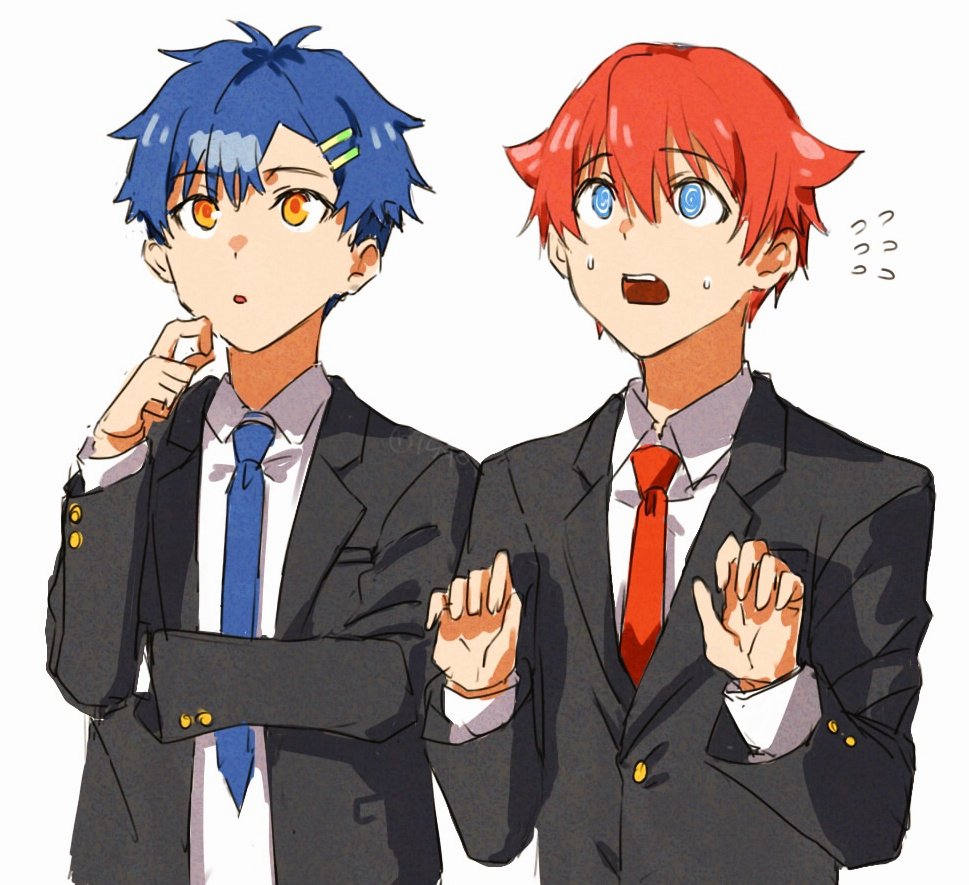 2boys asanaka_yomogi black_suit blue_eyes blue_hair business_suit collared_shirt formal_clothes gridman_universe gridman_universe_(movie) hair_ornament hibiki_yuuta jacket long_sleeves multiple_boys necktie open_mouth red_hair risyo shirt short_hair suit suit_jacket sweat sweatdrop upper_body white_shirt yellow_eyes