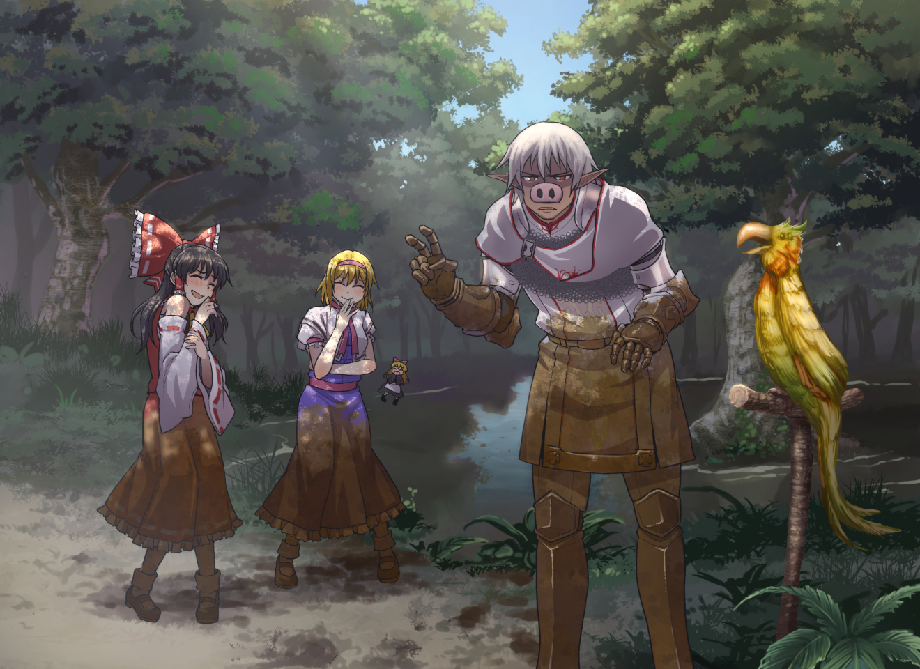 1boy 2girls alice_margatroid animal animal_costume armor bird black_hair blonde_hair bow buront chainmail chiaki_rakutarou closed_eyes dirty dirty_clothes dress final_fantasy final_fantasy_xi frilled_bow frilled_hair_tubes frills gauntlets hair_bow hair_tubes hairband hakurei_reimu laughing looking_at_viewer mother_(series) mother_2 multiple_girls nintendo parrot pig_costume pink_hairband pointy_ears red_eyes red_shirt shanghai_doll shirt skirt the_iron_of_yin_and_yang touhou tree wetland white_hair